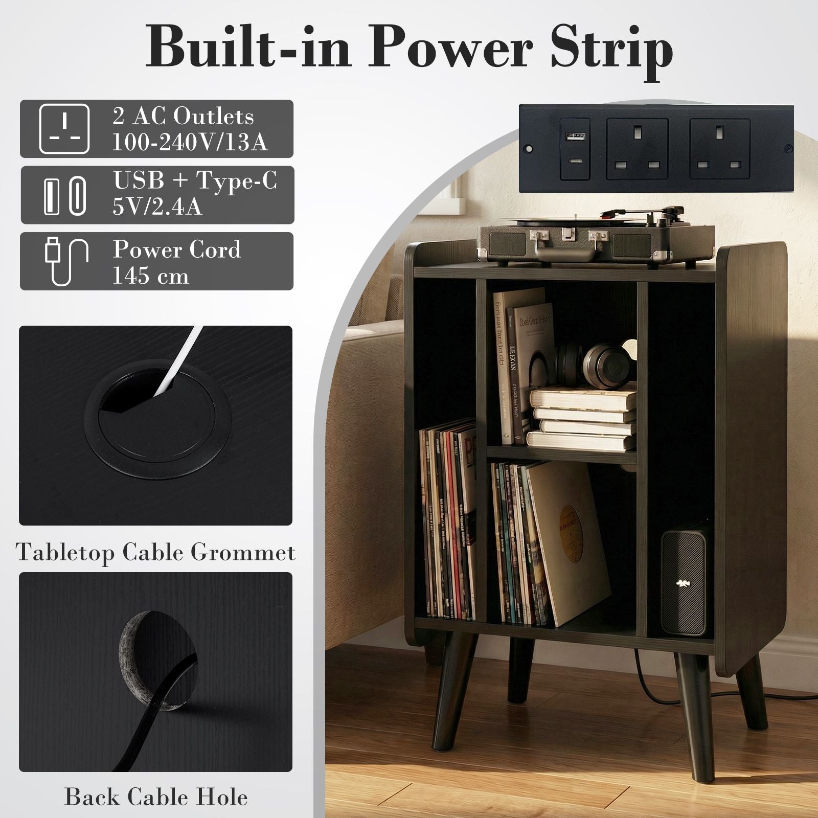 Record Player Stand with 4 Open Shelves Power Outlet USB Charging Port
