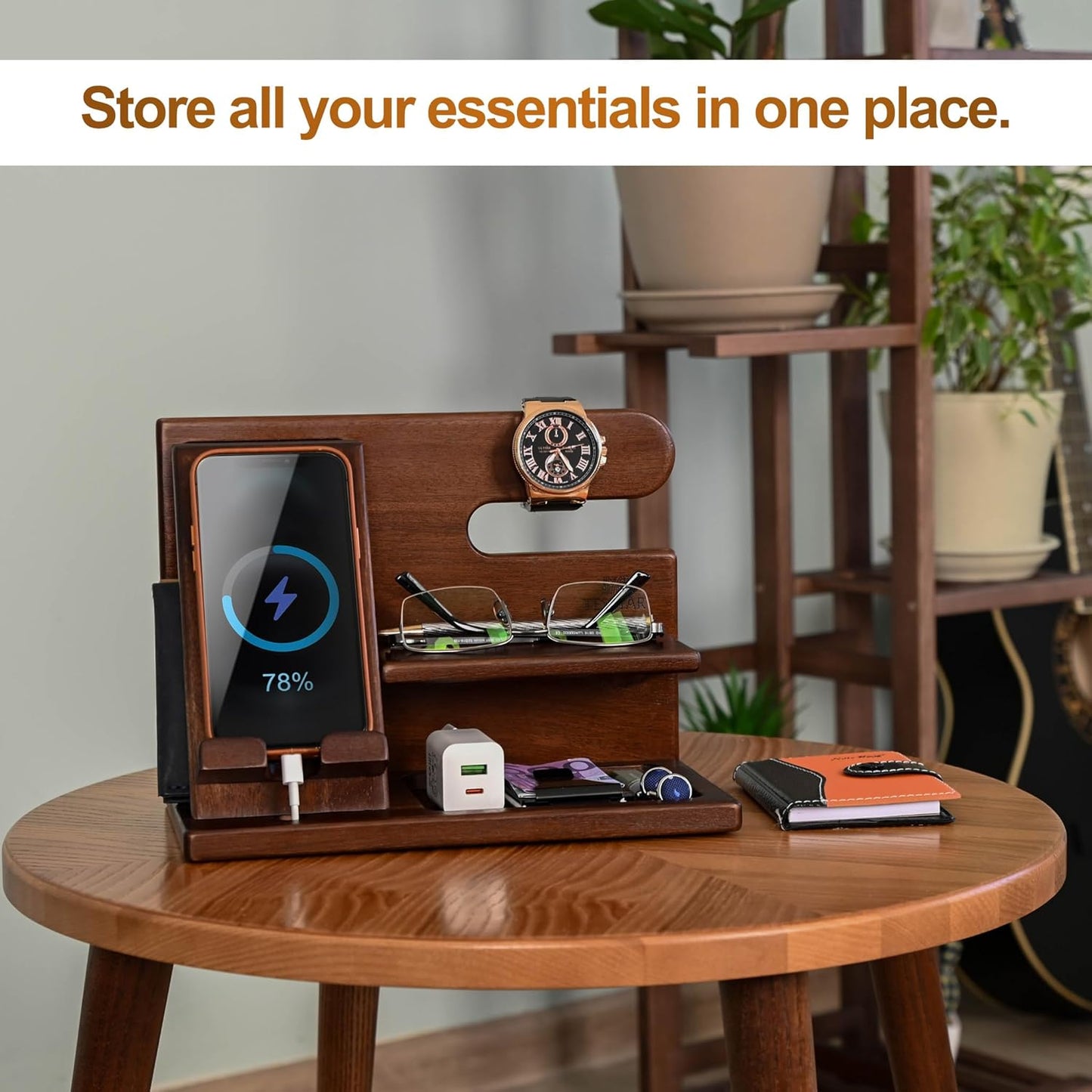 Dad Gifts Wood Phone Docking Station – Nightstand Organiser with Key Holder, Wallet & Watch Stand, Wooden Desk Organizer Phone Dock, Birthday Anniversary Husband Men Gifts (Brown)