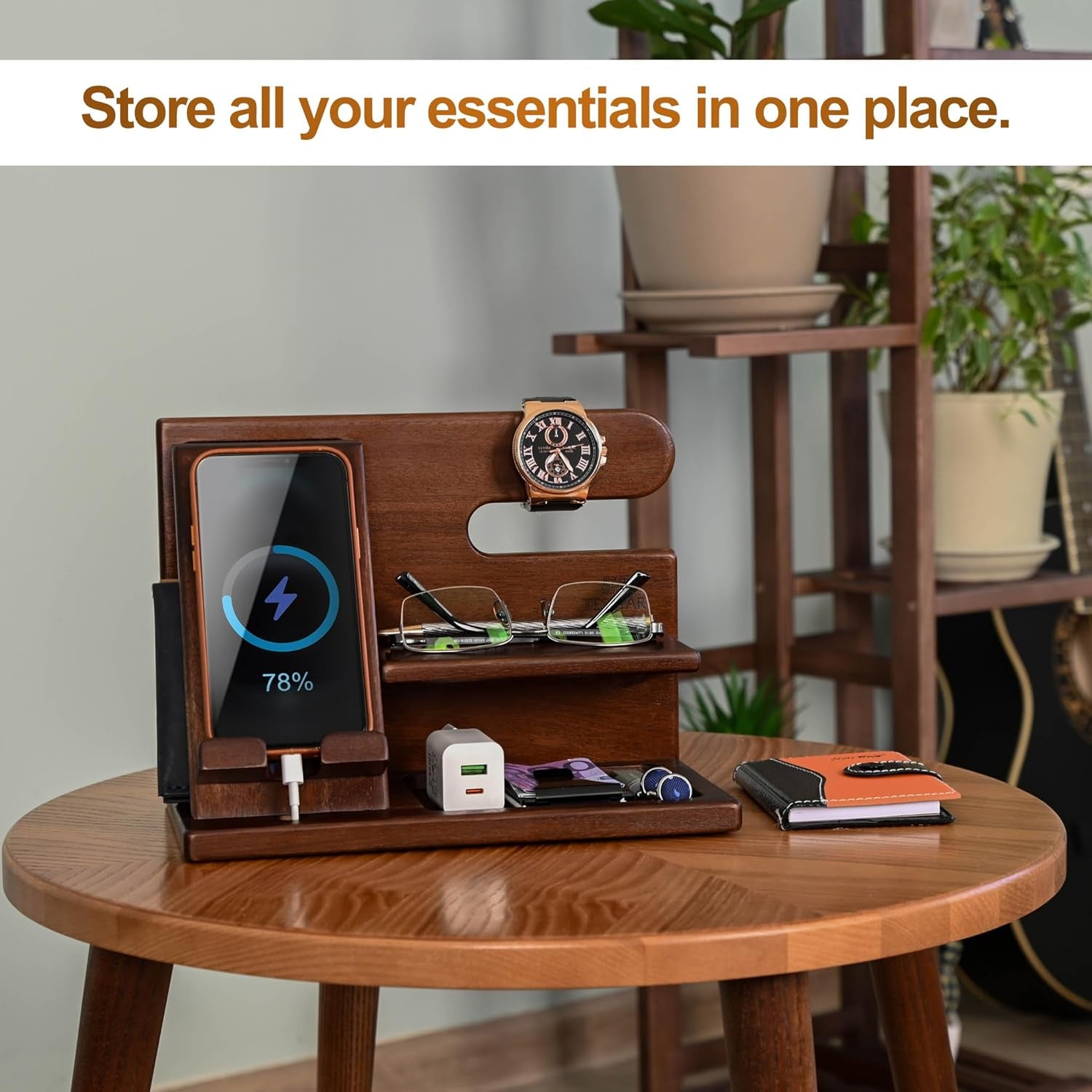 Dad Gifts Wood Phone Docking Station – Nightstand Organiser with Key Holder, Wallet & Watch Stand, Wooden Desk Organizer Phone Dock, Birthday Anniversary Husband Men Gifts (Brown)