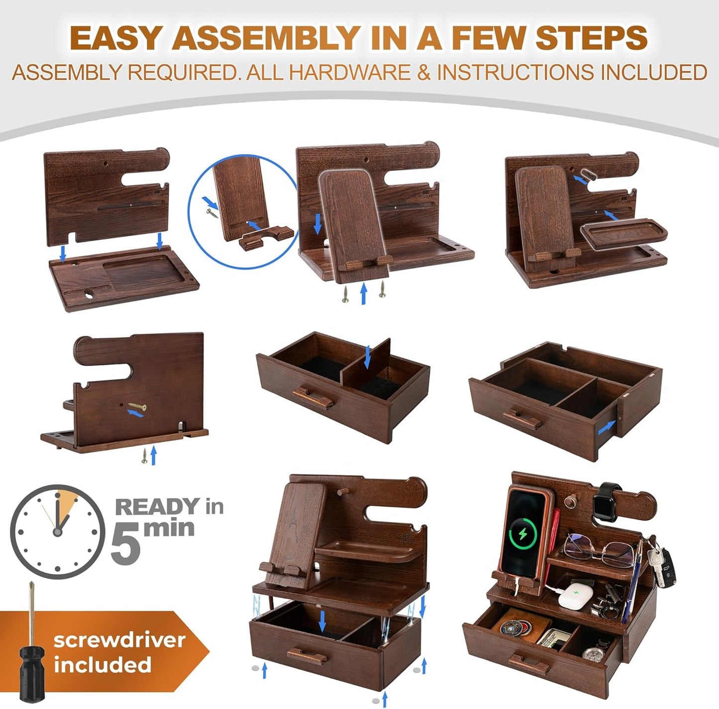 Wood Phone Docking Station with Drawer – Solid Ash Desk & Nightstand Organiser, Phone Charging Stand, Bedside Phone Holder, Valet Tray for Wallet Watch Keys Glasses, Men & Women Gift (Brown)