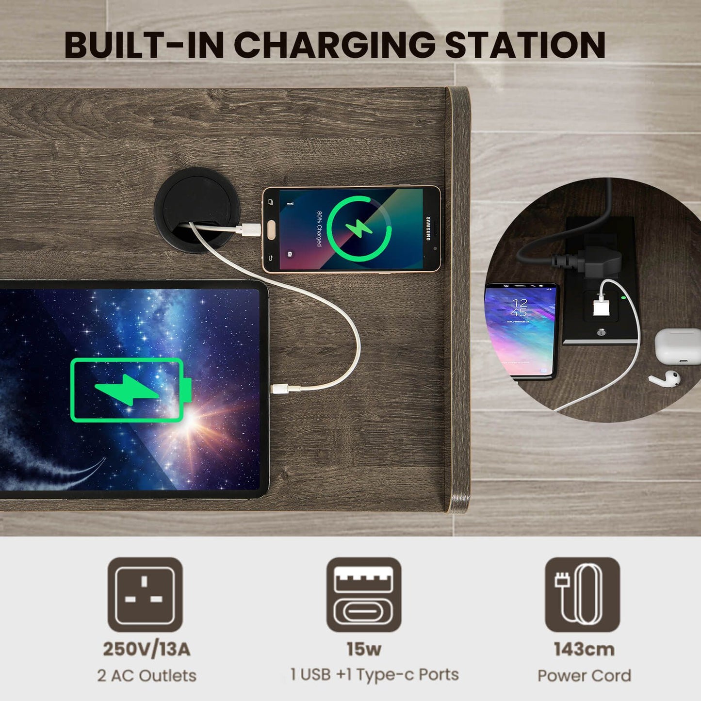Record Player Stand with 4 Open Shelves Power Outlet USB Charging Port