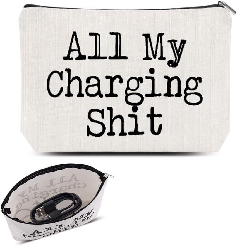 Funny Charging Cable Organiser Bag for Travel Toiletry Makeup Bag for Women Men All My Charging Stuff Pouch for Best Friend Birthday Gifts for Sister Brother Charger Organiser with Zipper
