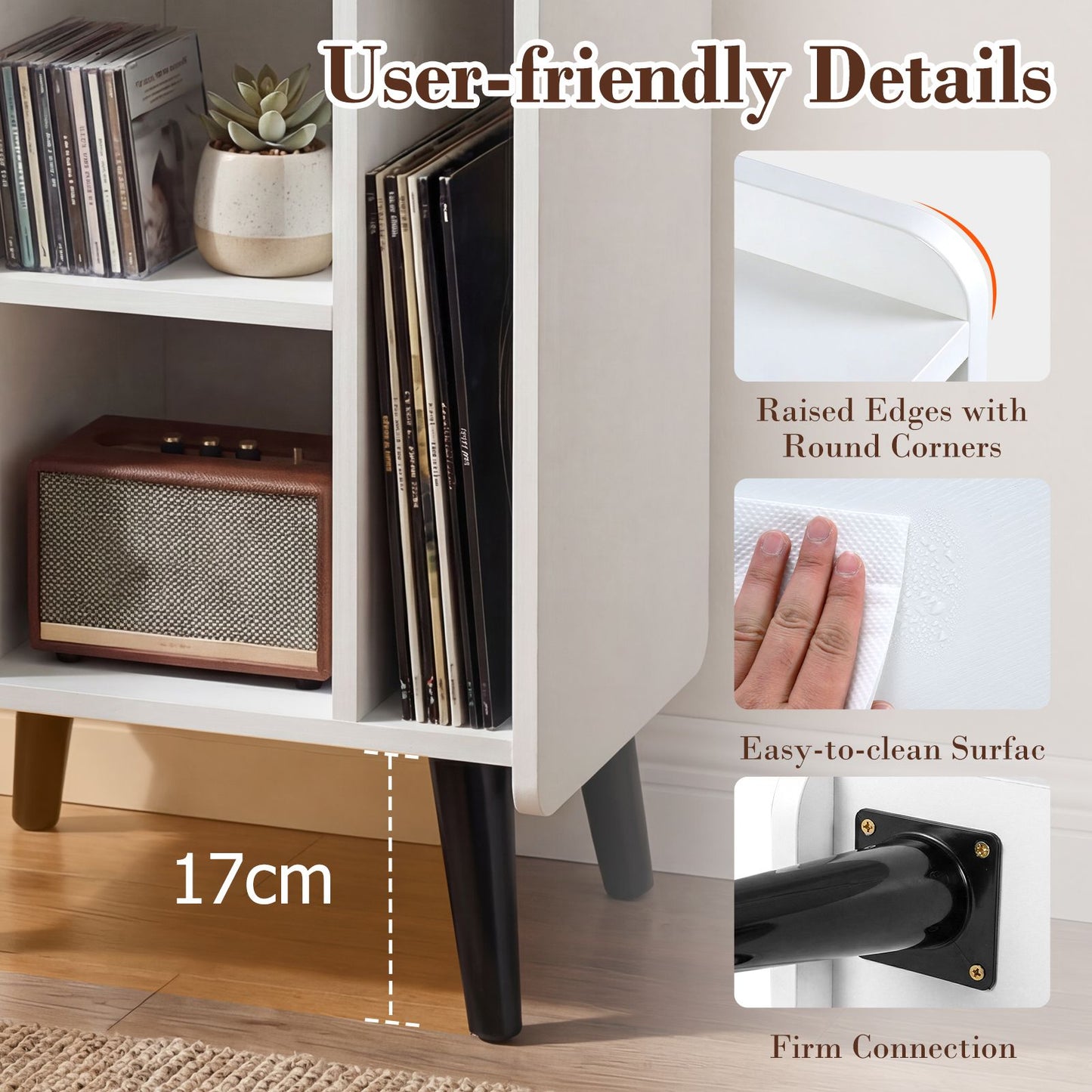 Record Player Stand with 4 Open Shelves Power Outlet USB Charging Port