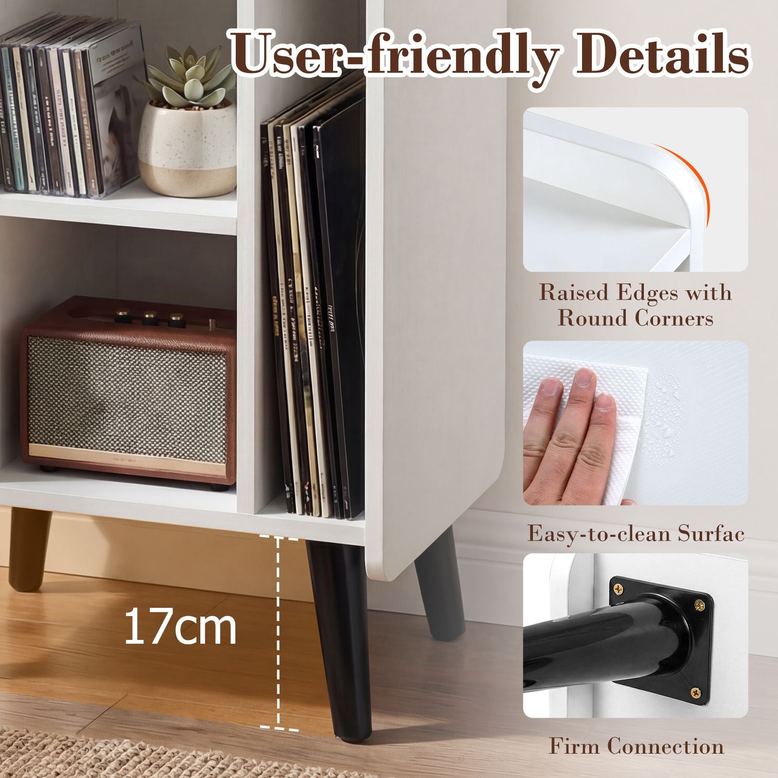 Record Player Stand with 4 Open Shelves Power Outlet USB Charging Port