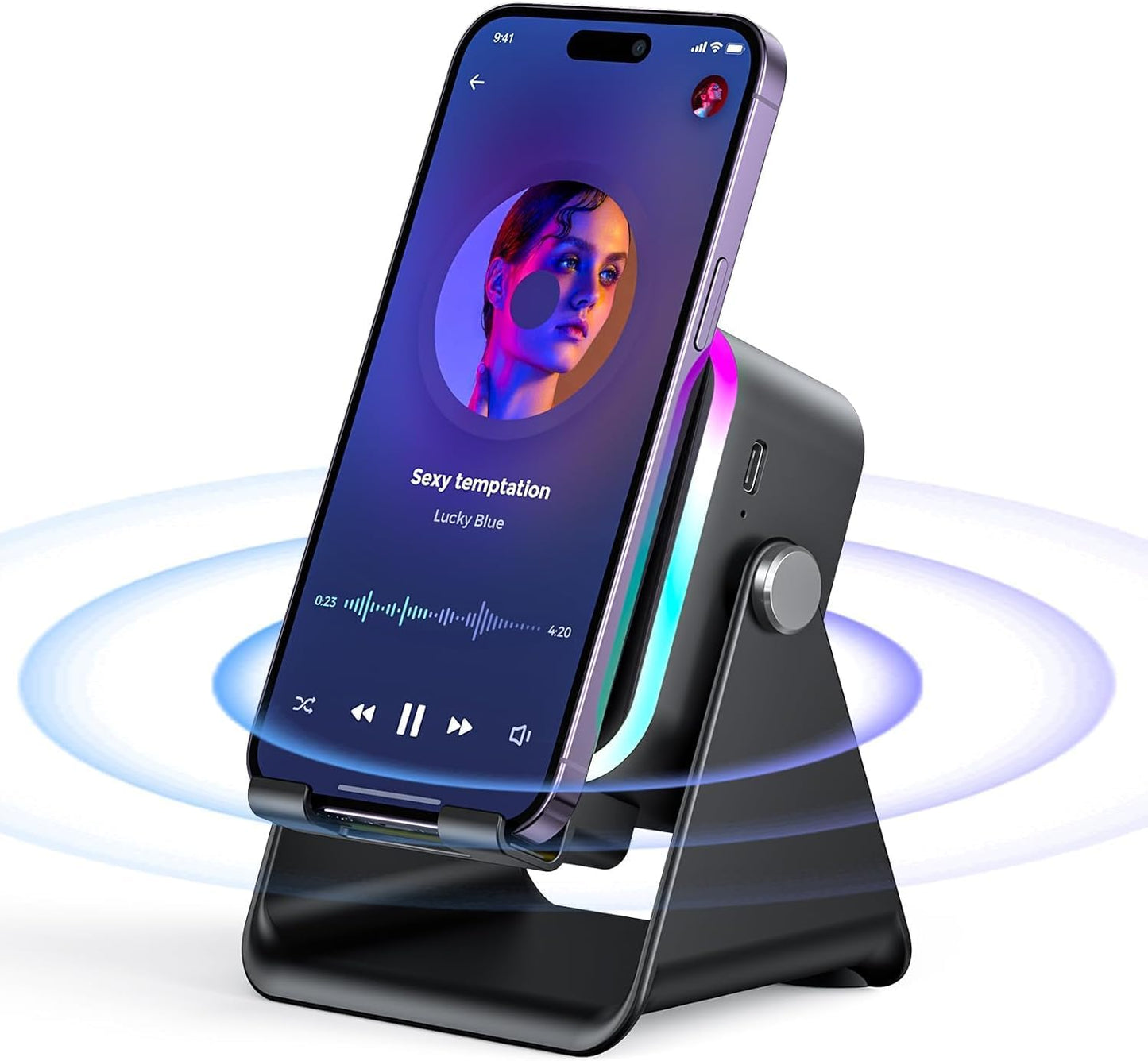 5-In-1 Wireless Induction Bluetooth Speaker with Adjustable round Phone Stand, Multifunctional Stereo Sound Bluetooth Speaker, 8 RGB Ambient Light (Black, Square)