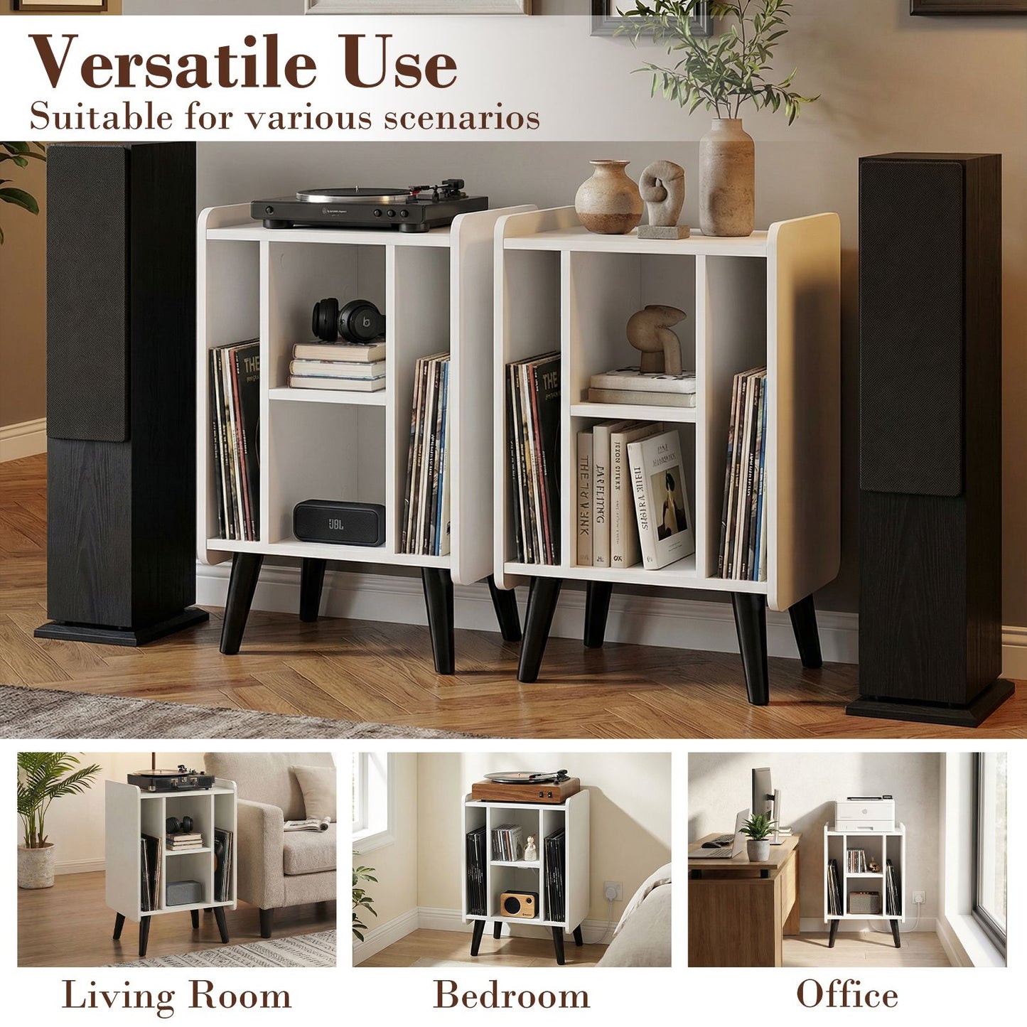Record Player Stand with 4 Open Shelves Power Outlet USB Charging Port