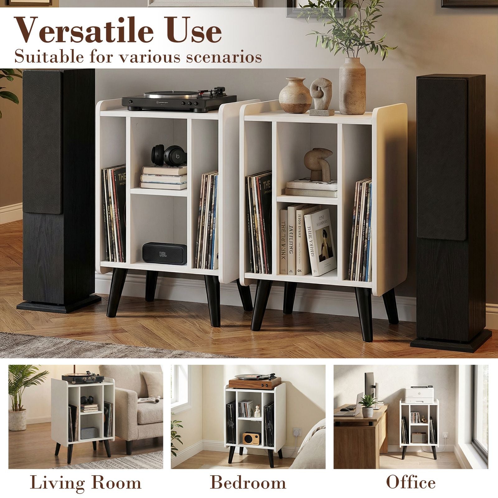 Record Player Stand with 4 Open Shelves Power Outlet USB Charging Port