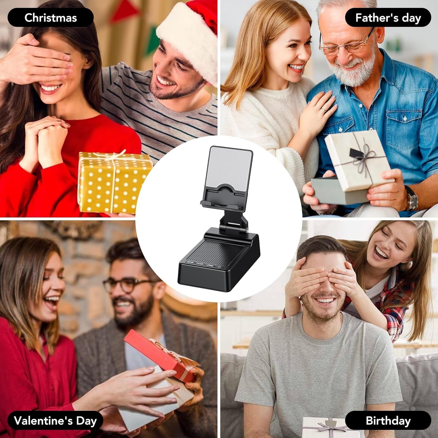 Phone Stand with Wireless Bluetooth Speaker and Anti-Slip Base, Birthday Gifts for Men/Women, Gadgets for Anniversary Idea Gift, Stocking Fillers for Beloved（Black）