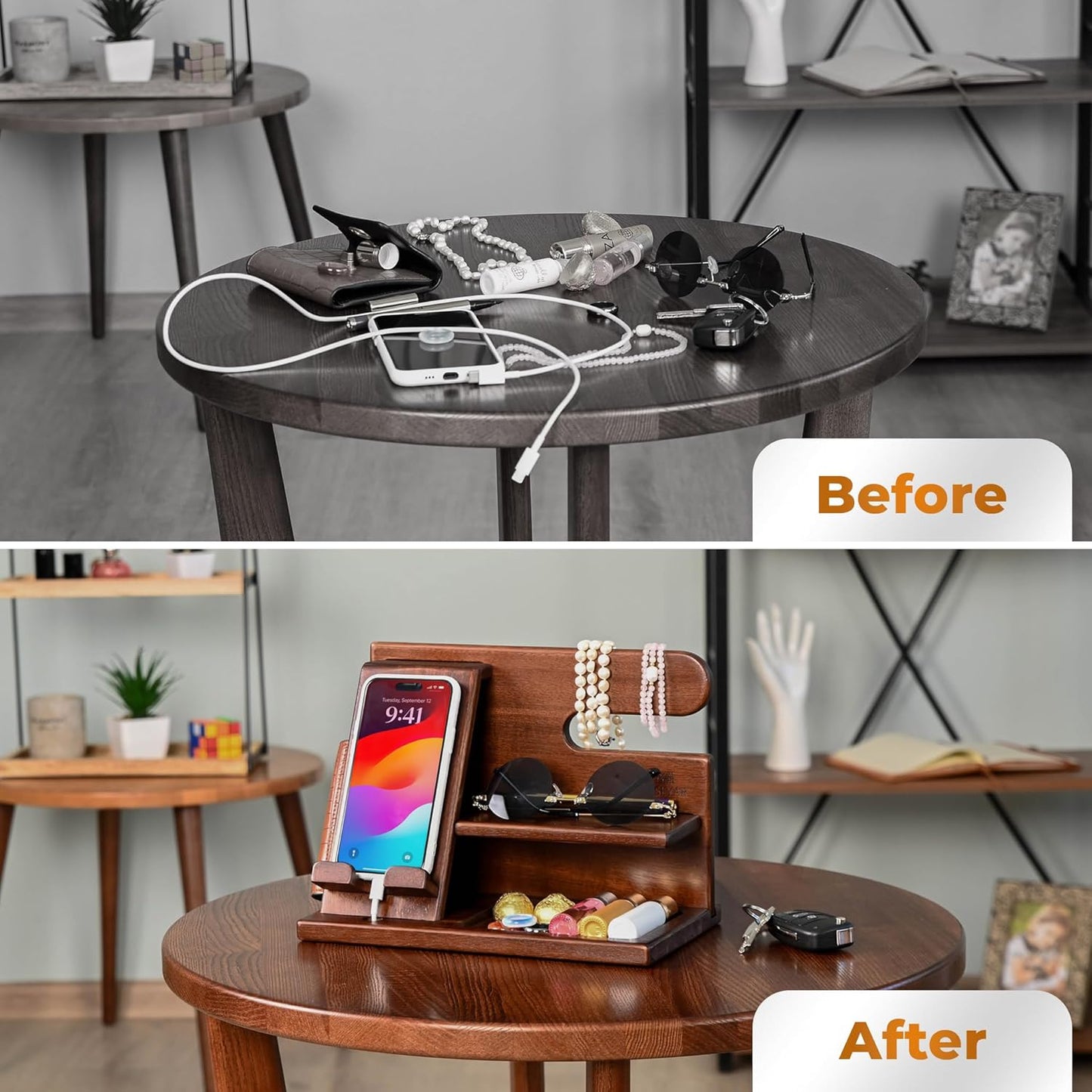 Dad Gifts Wood Phone Docking Station – Nightstand Organiser with Key Holder, Wallet & Watch Stand, Wooden Desk Organizer Phone Dock, Birthday Anniversary Husband Men Gifts (Brown)