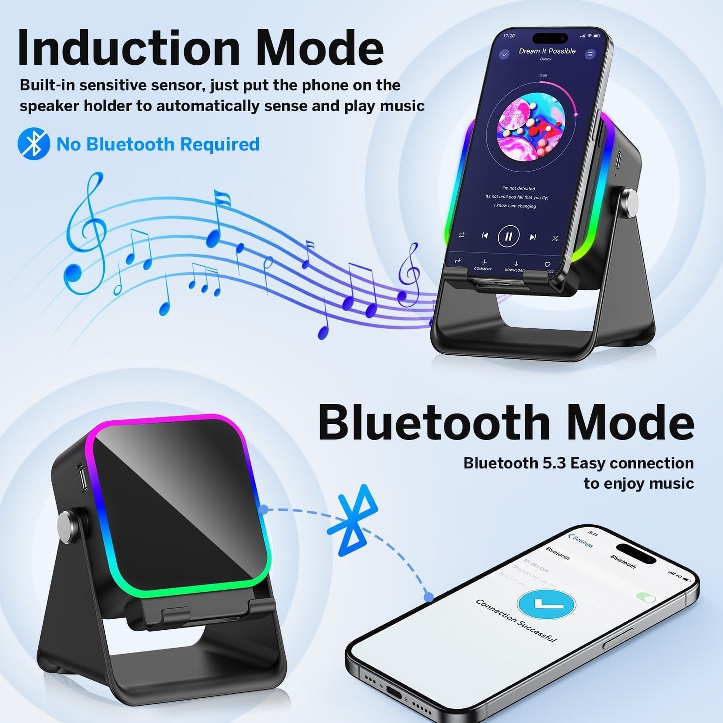 5-In-1 Wireless Induction Bluetooth Speaker with Adjustable round Phone Stand, Multifunctional Stereo Sound Bluetooth Speaker, 8 RGB Ambient Light (Black, Square)