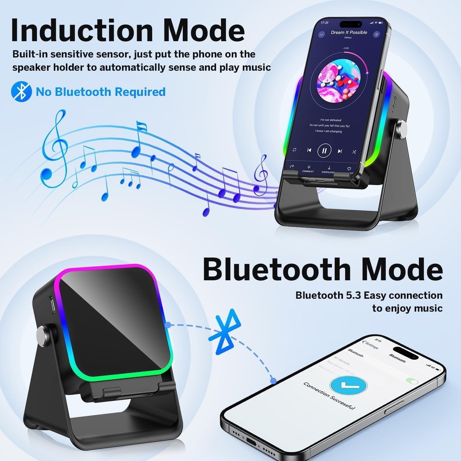 5-In-1 Wireless Induction Bluetooth Speaker with Adjustable round Phone Stand, Multifunctional Stereo Sound Bluetooth Speaker, 8 RGB Ambient Light (Black, Square)