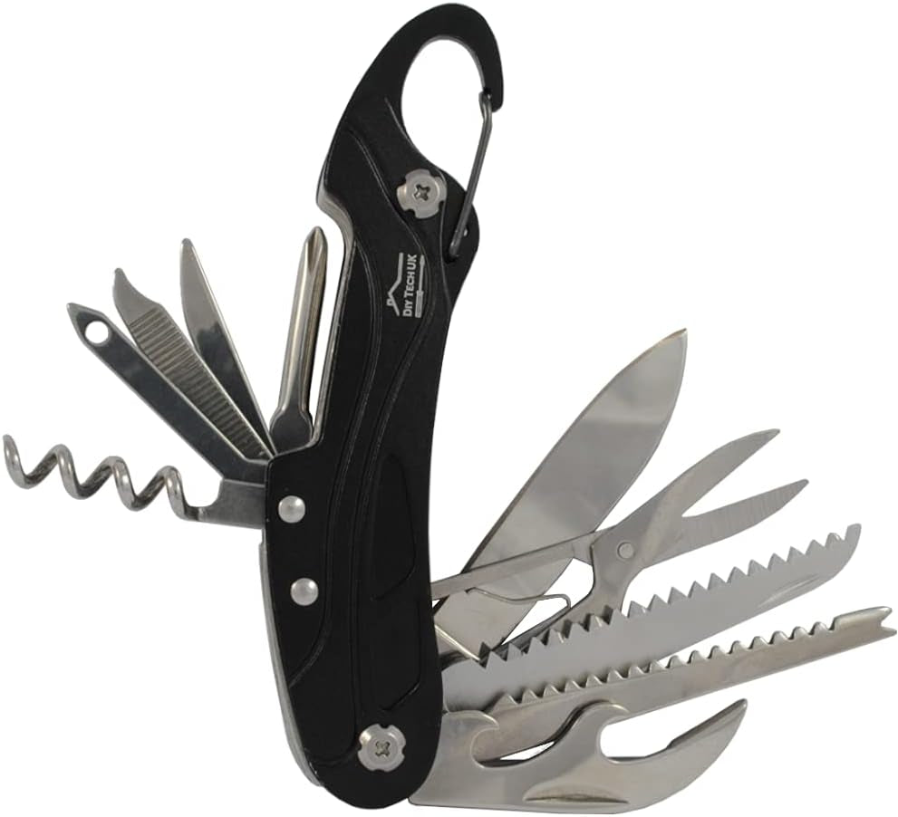 13 in 1 Pocket Multi Tool with UK Legal Folding Knife + Mini Multitool with Scissors, Corkscrew, Saw, Tin Opener, Screwdriver, Carabiner - Black - with Pouch