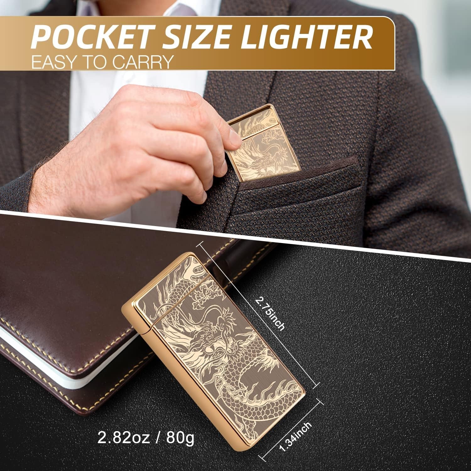Gifts for Him Men, Electronic Lighter Arc Plasma Lighter with Battery Indicator, USB C Rechargeable Lighter Windproof Portable Pocket Camping Lighters (Gold Dragon)