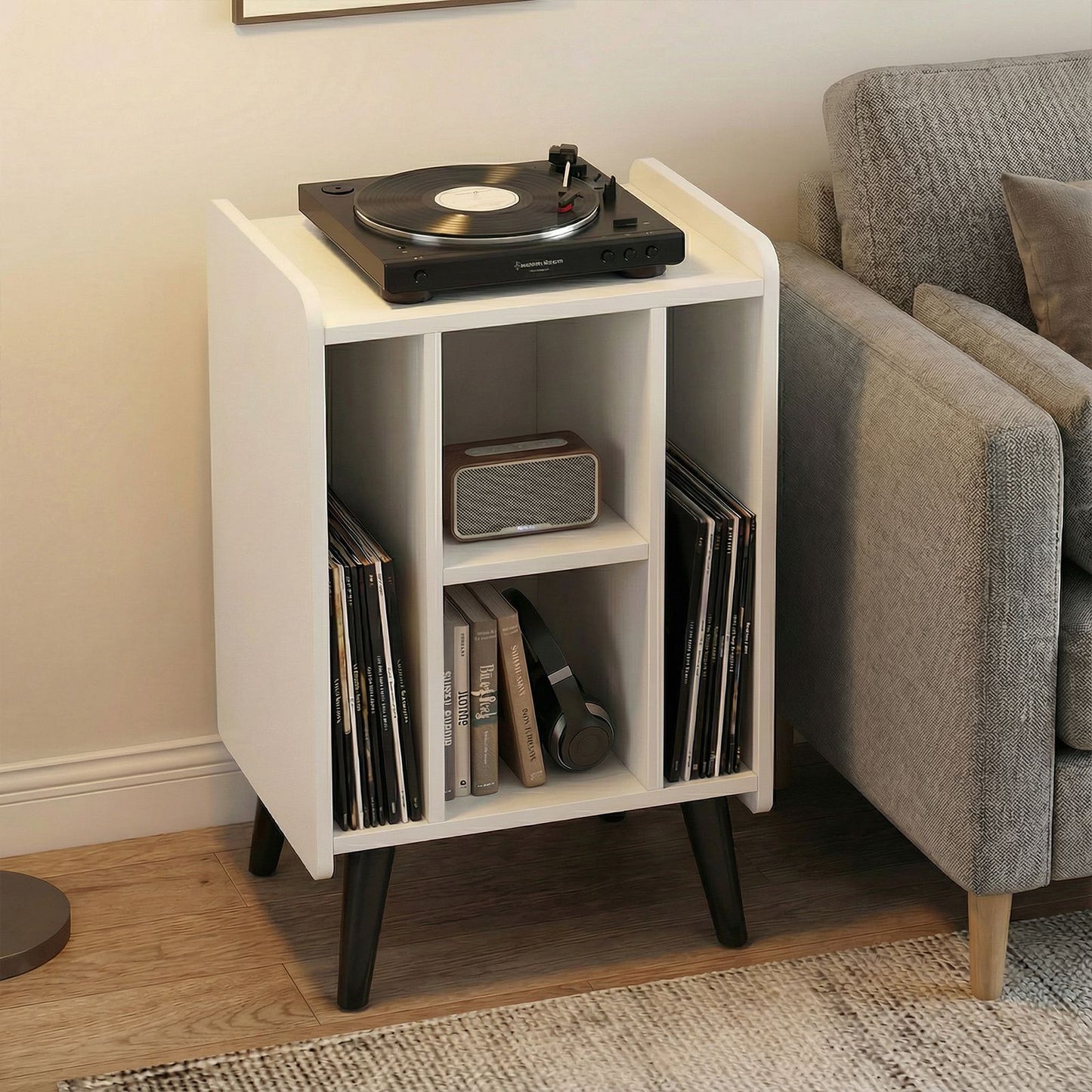 Record Player Stand with 4 Open Shelves Power Outlet USB Charging Port