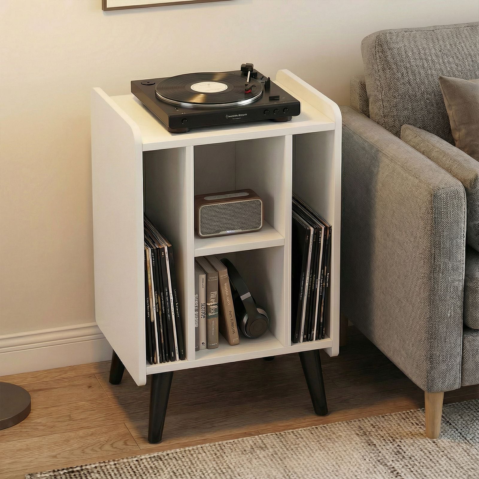 Record Player Stand with 4 Open Shelves Power Outlet USB Charging Port