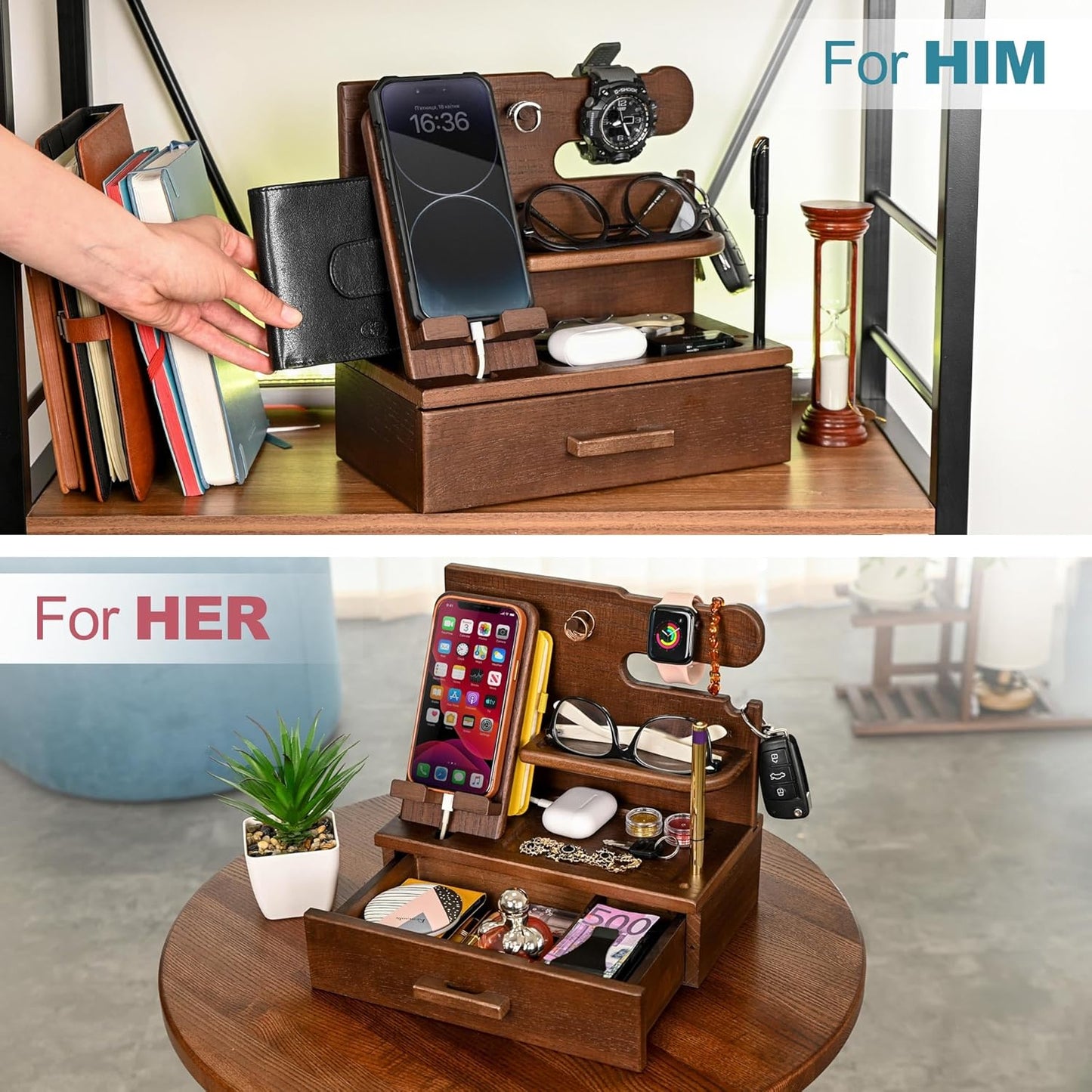 Wood Phone Docking Station with Drawer – Solid Ash Desk & Nightstand Organiser, Phone Charging Stand, Bedside Phone Holder, Valet Tray for Wallet Watch Keys Glasses, Men & Women Gift (Brown)