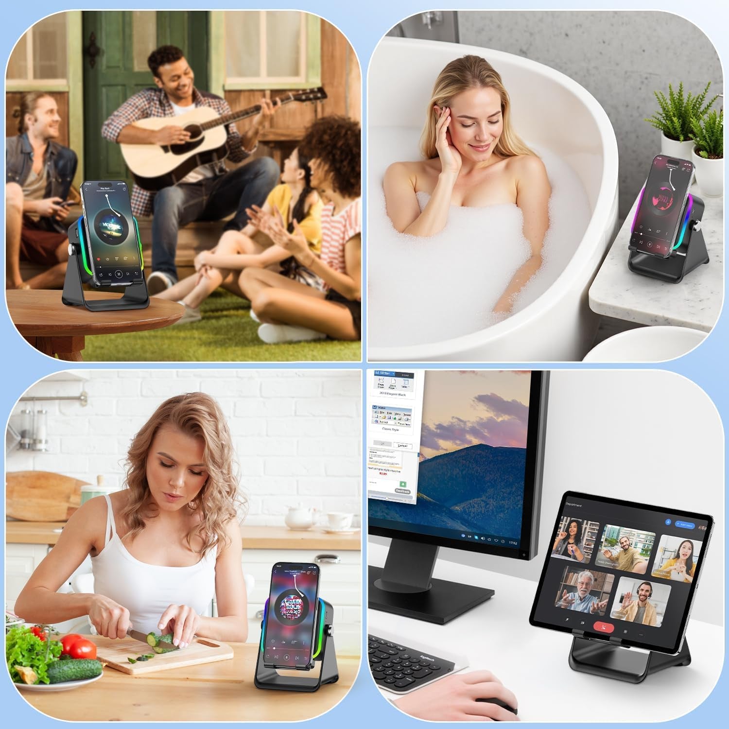 5-In-1 Wireless Induction Bluetooth Speaker with Adjustable round Phone Stand, Multifunctional Stereo Sound Bluetooth Speaker, 8 RGB Ambient Light (Black, Square)
