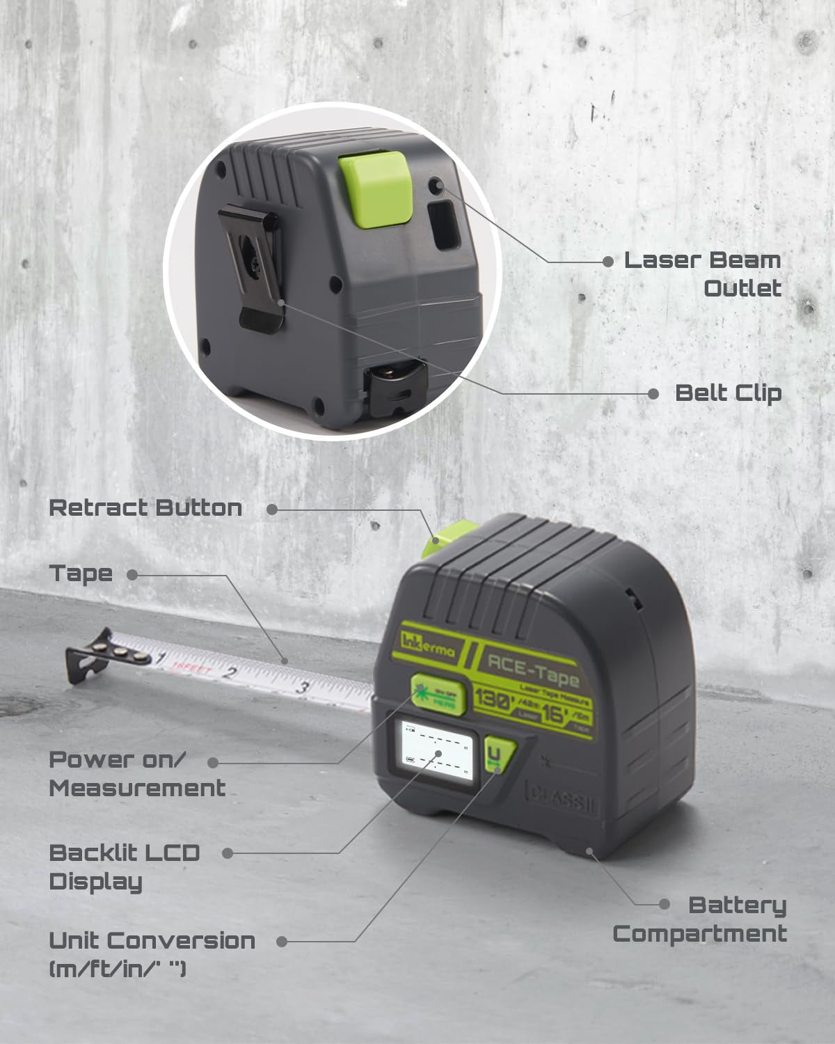 2-In-1 Laser Tape Measure,  130Ft/40M Laser Measurement Tool & 16Ft/5M Measuring Tape, Digital Laser Tape Measure with M/In/Ft/Ft+In Units, LCD Display, Self-Locking Tape, Belt Clip