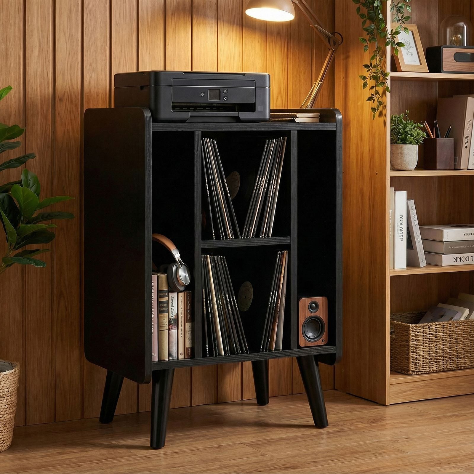 Record Player Stand with 4 Open Shelves Power Outlet USB Charging Port