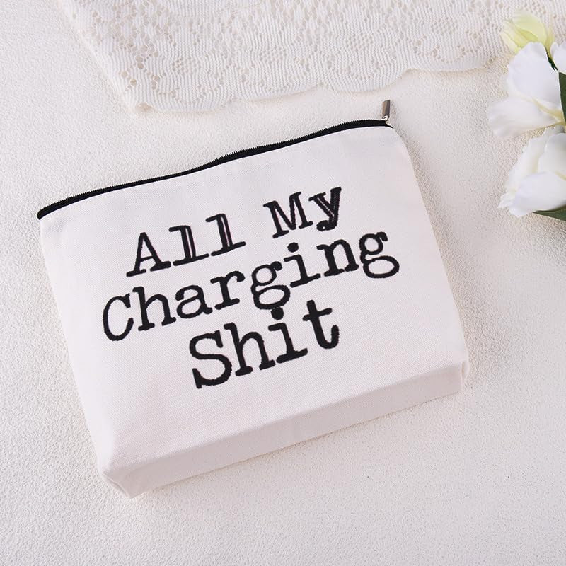 Funny Charging Cable Organiser Bag for Travel Toiletry Makeup Bag for Women Men All My Charging Stuff Pouch for Best Friend Birthday Gifts for Sister Brother Charger Organiser with Zipper