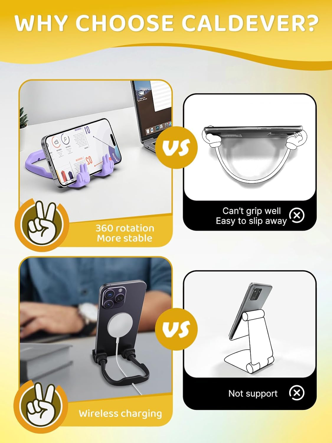 Stocking Stuffers for Teens Girls Boys Kids Cell Phone Stand: 2 Pack Upgrade Adjustable Peace Sign Thumbs Lazy Phone Holder for Desk Cool Gadgets Birthday Gifts for Women Men Adults (Black&Purple)