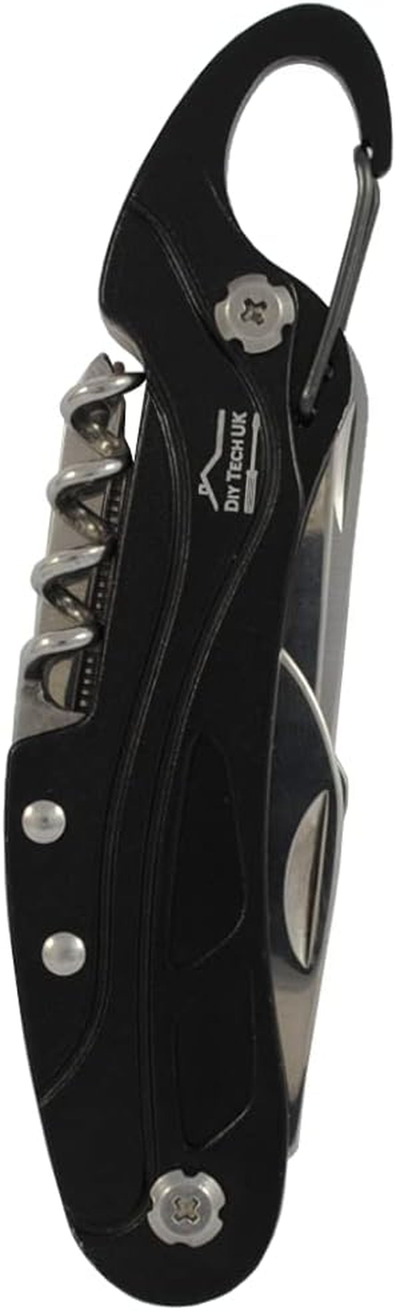 13 in 1 Pocket Multi Tool with UK Legal Folding Knife + Mini Multitool with Scissors, Corkscrew, Saw, Tin Opener, Screwdriver, Carabiner - Black - with Pouch