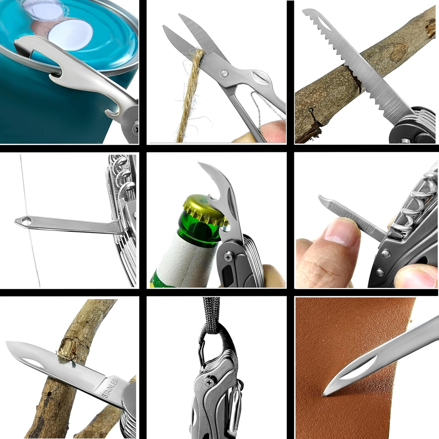 13 in 1 Pocket Multi Tool with UK Legal Folding Knife + Mini Multitool with Scissors, Corkscrew, Saw, Tin Opener, Screwdriver, Carabiner - Black - with Pouch