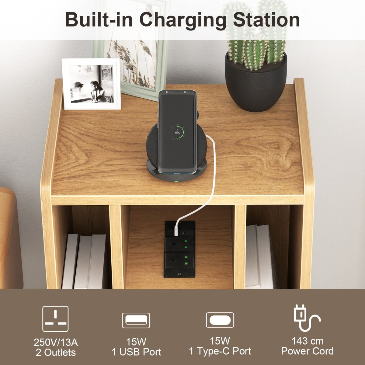 Record Player Stand with 4 Open Shelves Power Outlet USB Charging Port