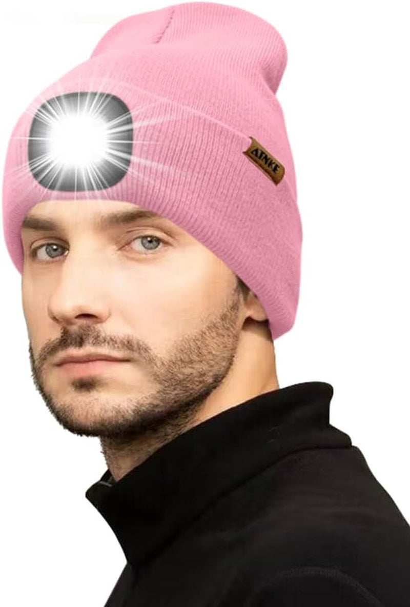 LED Lighted Beanie Hat,Usb Rechargeable 4 LED Running Headlamp Ultra Bright Cap with Light Hands Free Head Torch Winter Warm Knit Beany Tech Gifts for Men Women and Dad