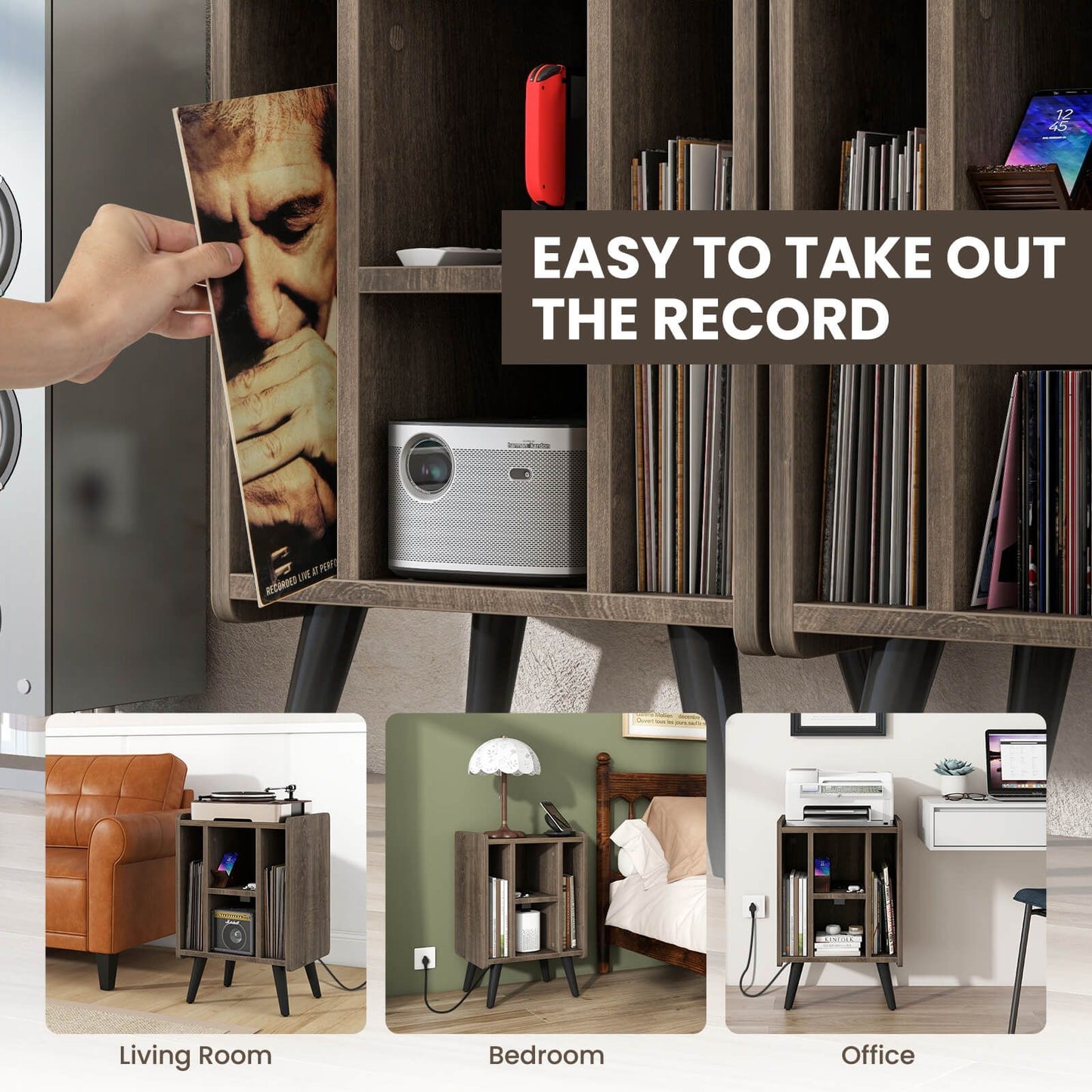 Record Player Stand with 4 Open Shelves Power Outlet USB Charging Port