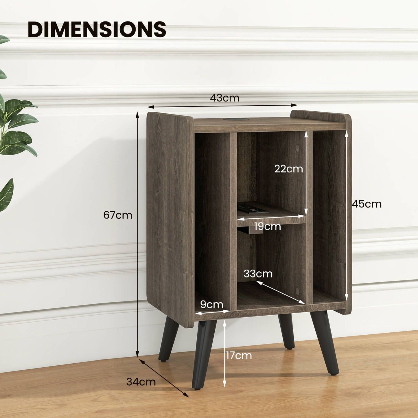 Record Player Stand with 4 Open Shelves Power Outlet USB Charging Port