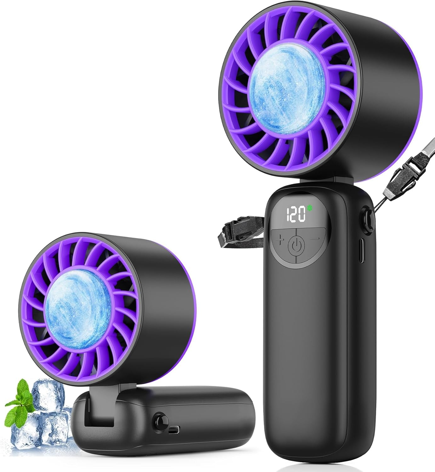 Portable Handheld Fan, 4000Mah High Speed Mini Personal Turbo Fan with Ice Cooler, 120 Wind Gear, LED Display, 90°Foldable, up to 22 Hrs, Rechargeable USB Face Fan for Travel,Outdoor,Home,Office