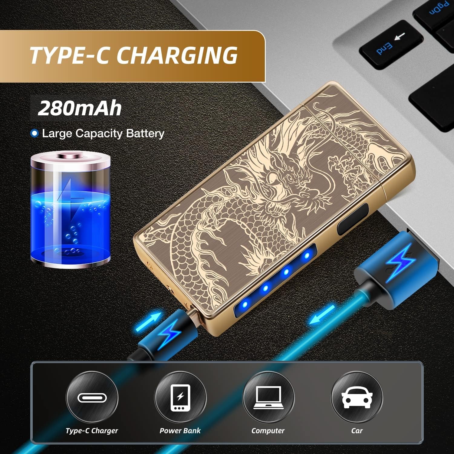 Gifts for Him Men, Electronic Lighter Arc Plasma Lighter with Battery Indicator, USB C Rechargeable Lighter Windproof Portable Pocket Camping Lighters (Gold Dragon)