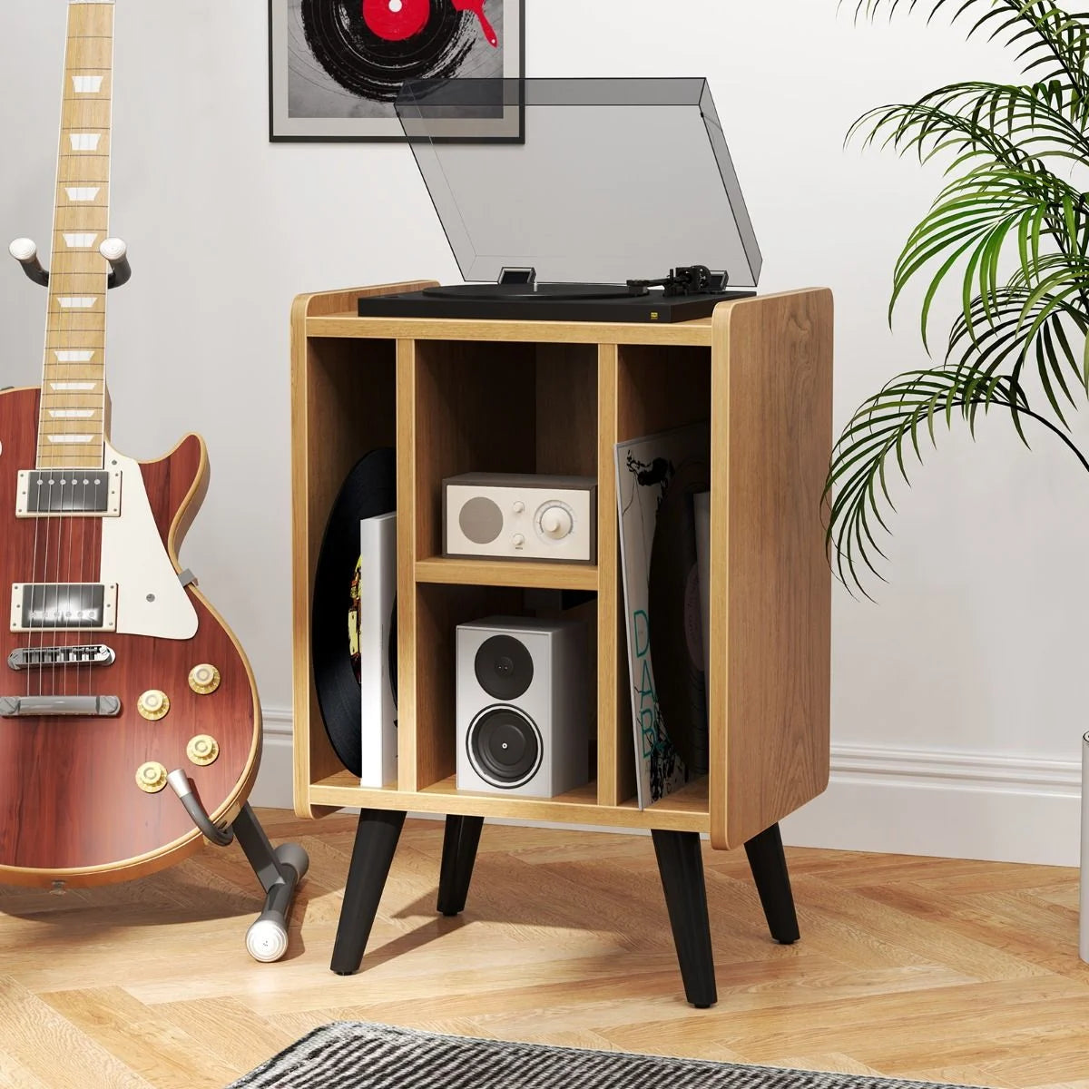 Record Player Stand with 4 Open Shelves Power Outlet USB Charging Port