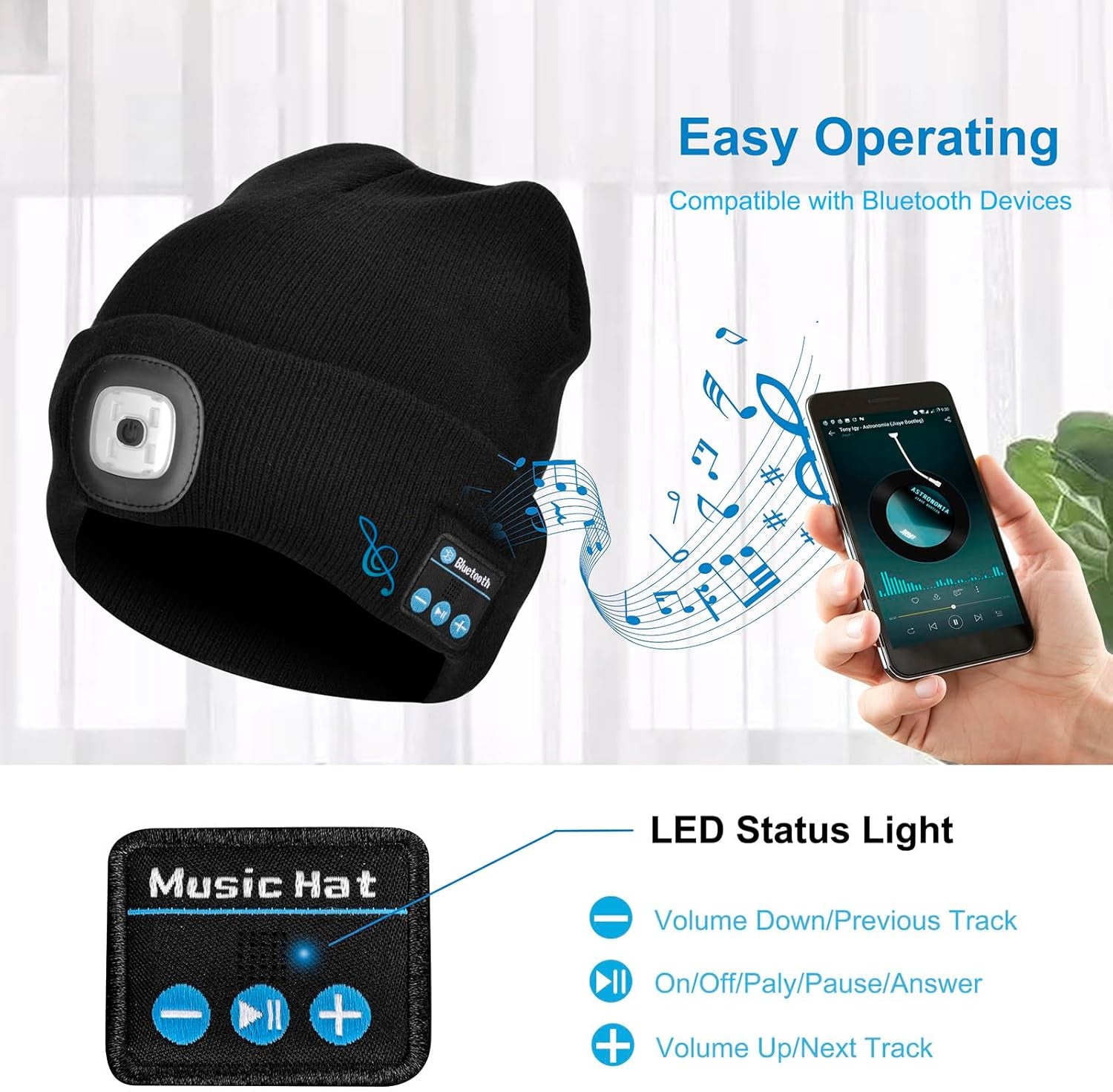 Unisex Bluetooth Beanie Light,4 LED USB Rechargeable Wireless Headphones Tech Caps,Gifts for Men Father Dad Husband Boyfriend Him Women Teen Boys