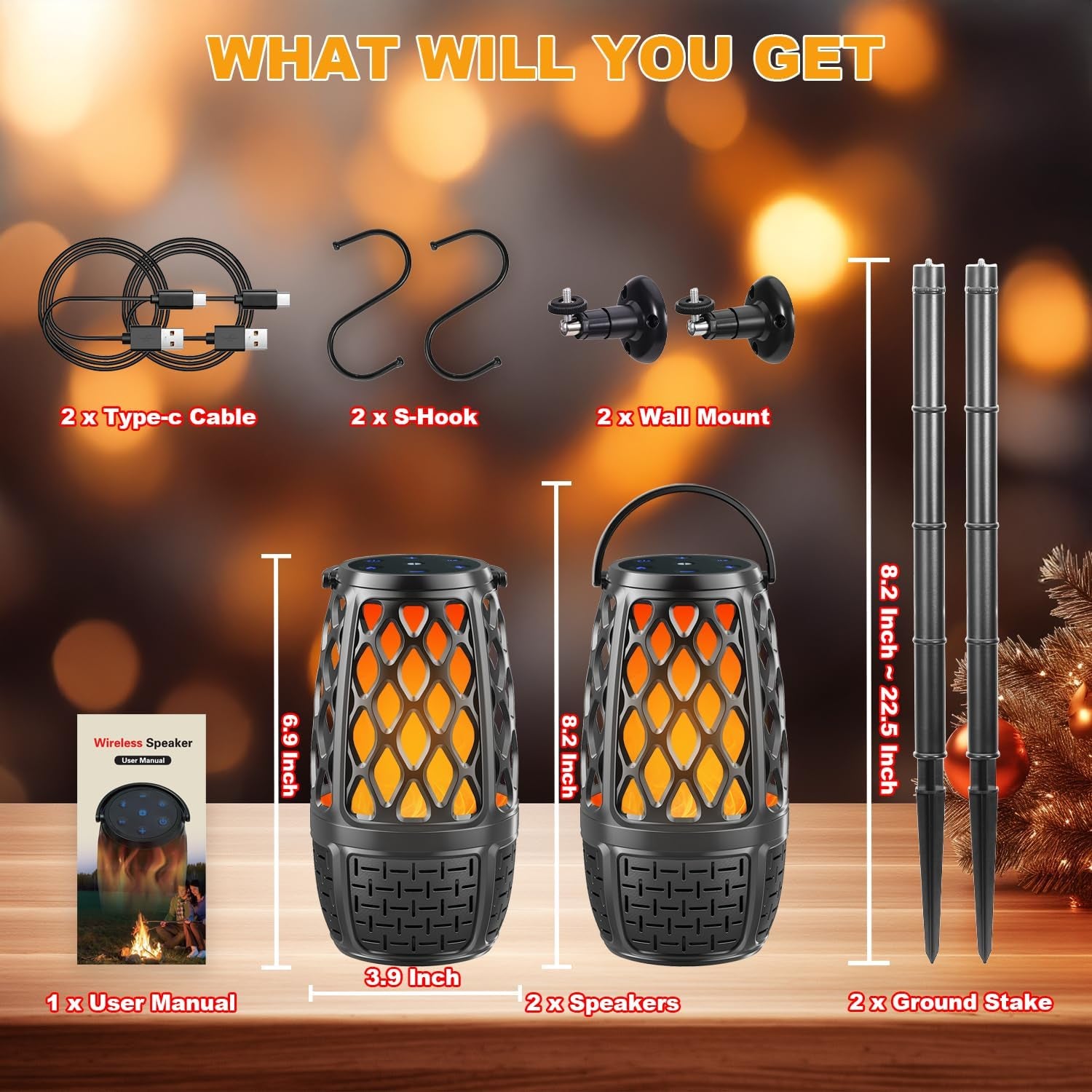 Upgraded Outdoor Bluetooth Speakers with Lights, IPX6 Waterproof Flame Atmosphere Outdoor Speaker, Auto-Pairing Multi-Sync up to 100 Speakers, Cool Tech Gadget Gifts for Men Women, Patio Garden Party