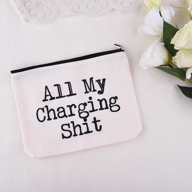 Funny Charging Cable Organiser Bag for Travel Toiletry Makeup Bag for Women Men All My Charging Stuff Pouch for Best Friend Birthday Gifts for Sister Brother Charger Organiser with Zipper