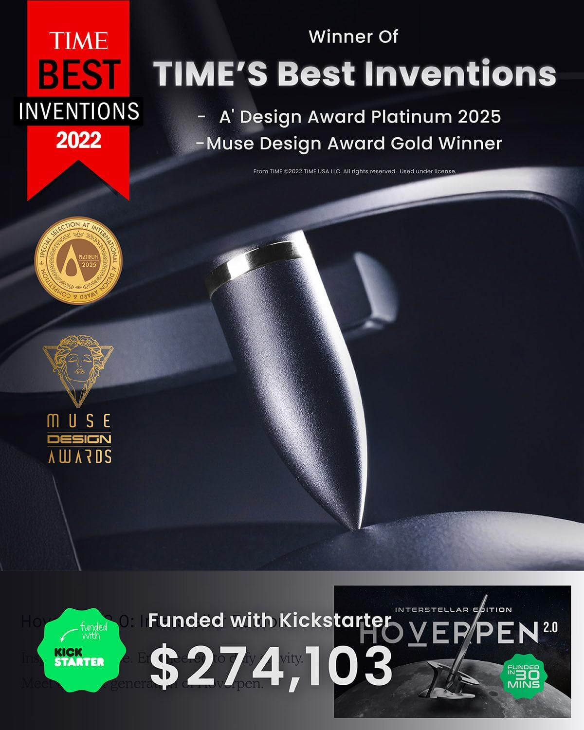 Hoverpen Interstellar Edition - Futuristic Luxury Pen Made with Aerospace Alloys, Desk Aesthetic, Free Spinning Executive Pen, Gifts for Men & Women (Space Black)