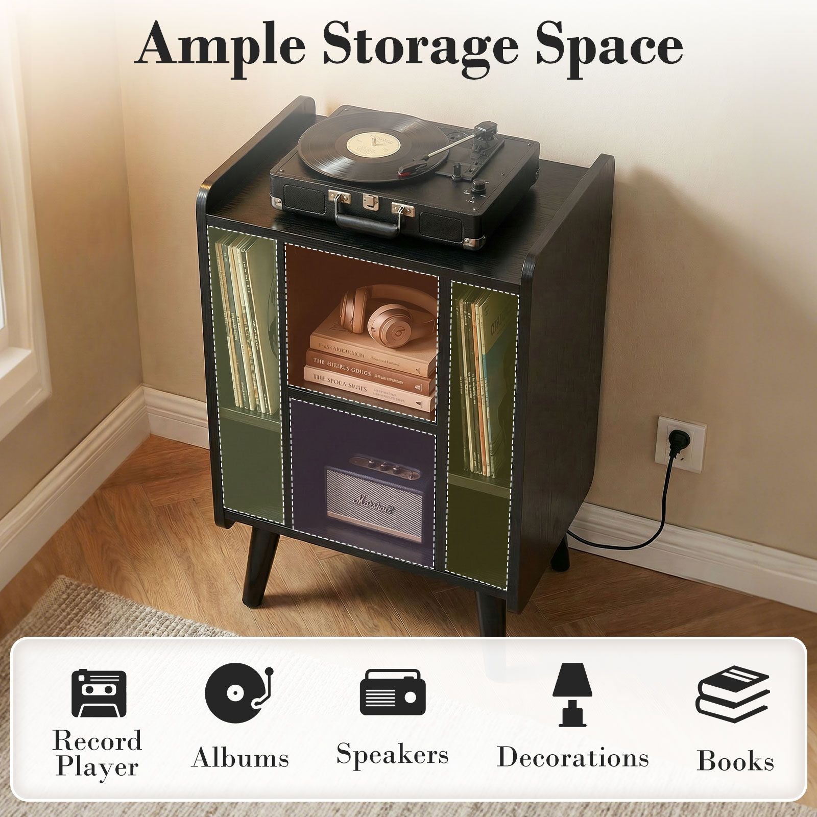 Record Player Stand with 4 Open Shelves Power Outlet USB Charging Port