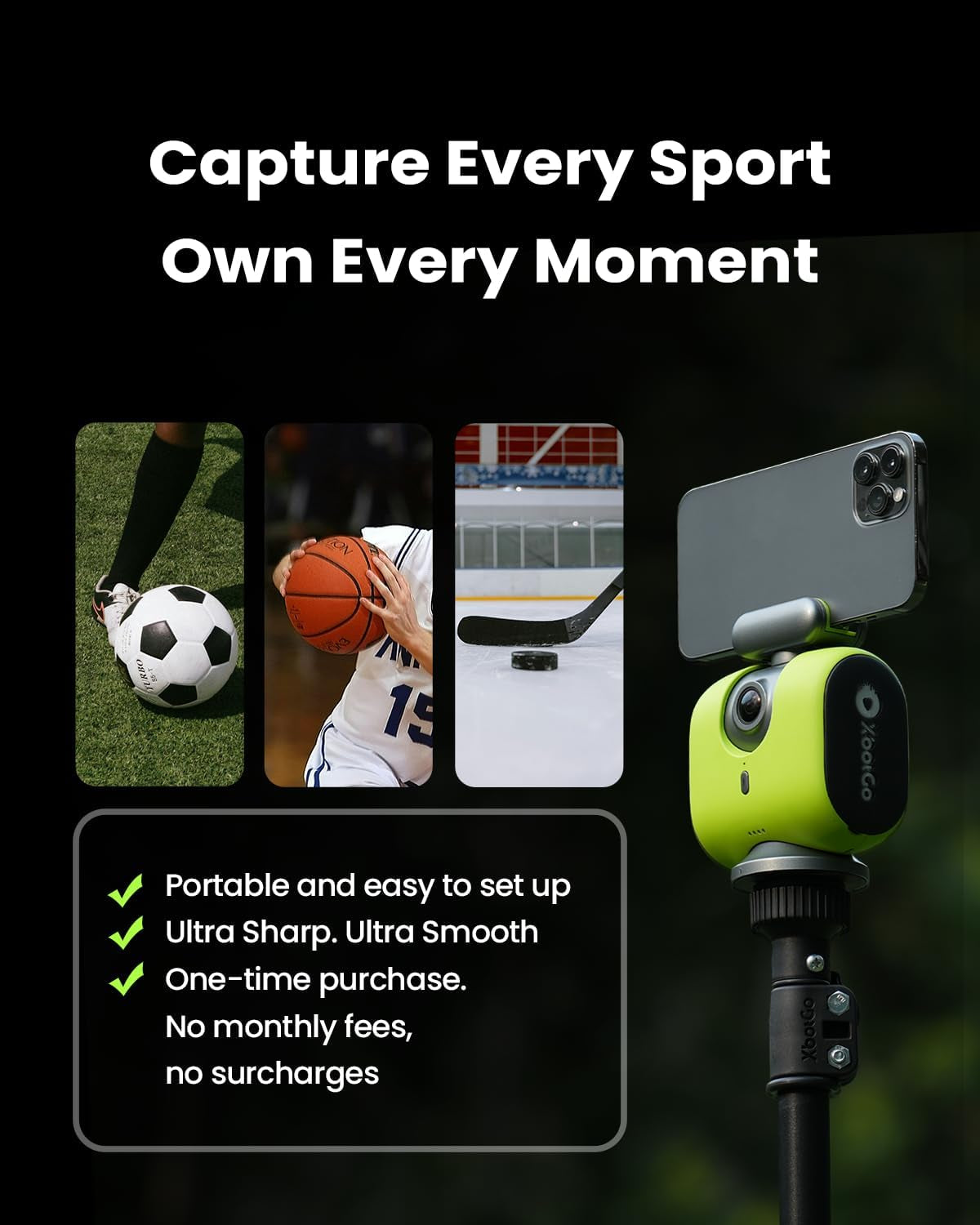 Chameleon AI Auto Sports Action Camera - 4K 60FPS Football Camera and Basketball Tracking Camera for Team Sports, Live Streaming, No Subscription, Works with Ios & Android (Lemon Green)
