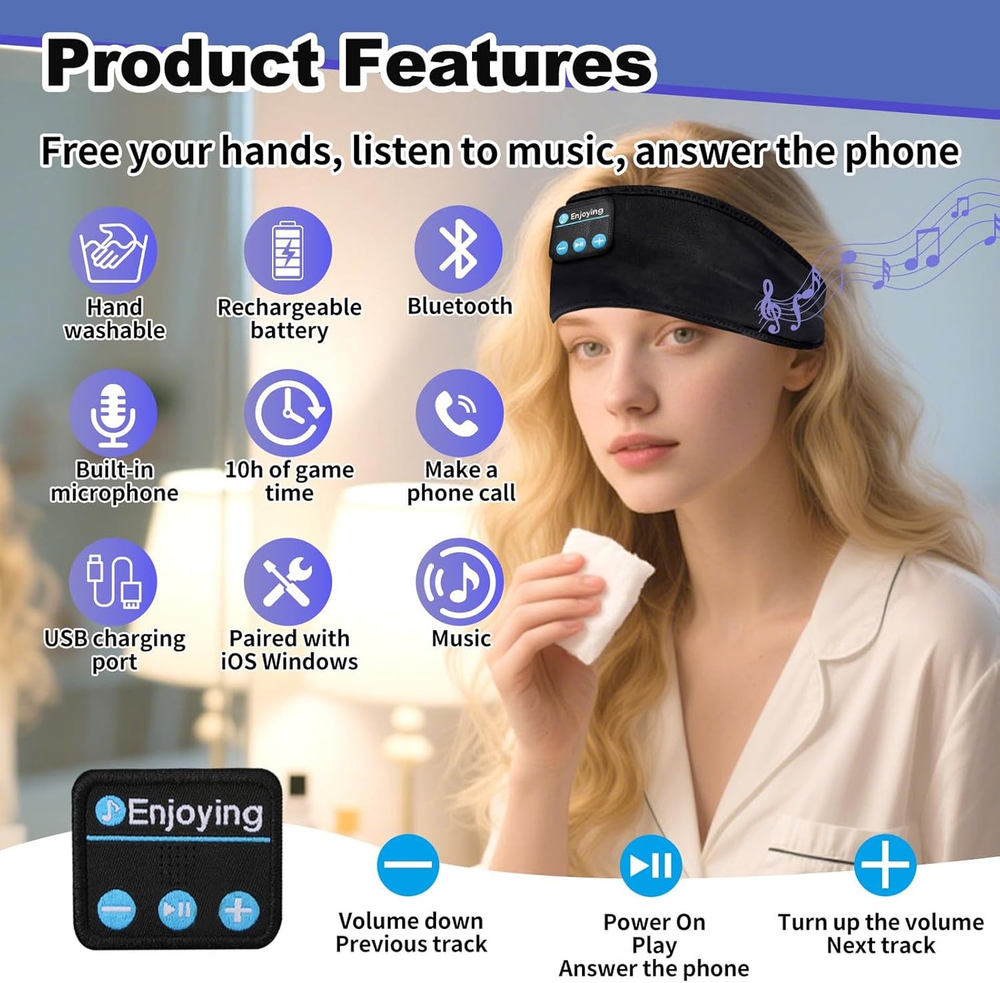 Sleep Headphones Headband Bluetooth 5.4 Headphones for Sleeping & Sport with Thin Speakers Wireless Music Earphones Tech Gifts for Men Women Teens Yoga Workout Fitness Relax Travel (Black)