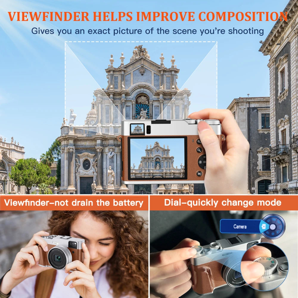 4K Digital Camera Auto Focus 48MP Vlogging Camera for Youtube and Anti-Shake Video Camera with Viewfinder Flash & Dial (Brown)