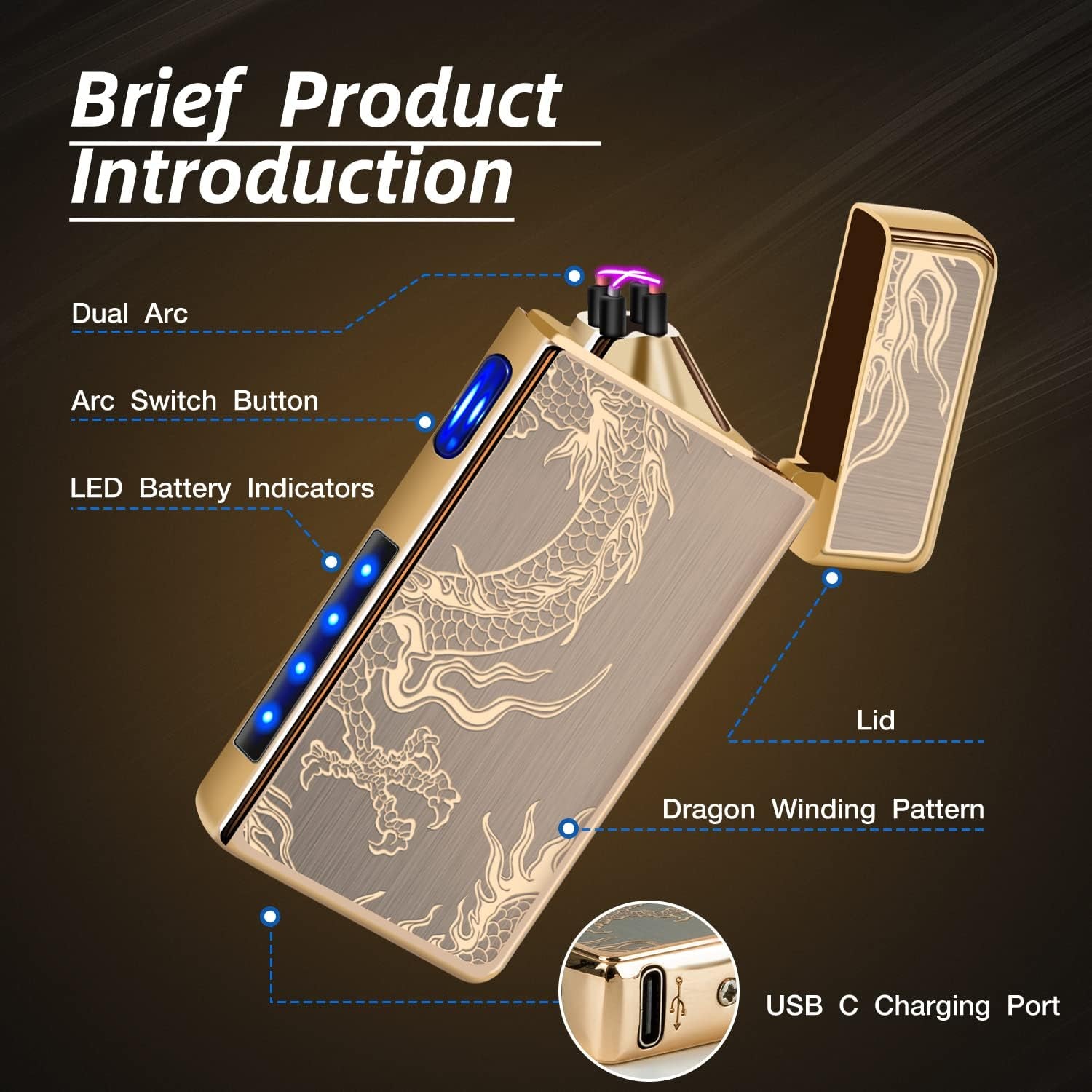 Gifts for Him Men, Electronic Lighter Arc Plasma Lighter with Battery Indicator, USB C Rechargeable Lighter Windproof Portable Pocket Camping Lighters (Gold Dragon)