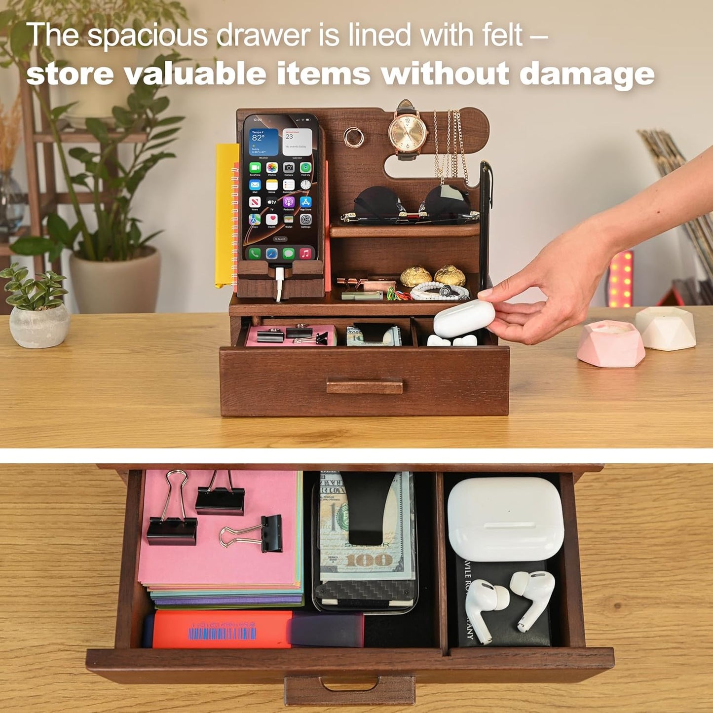 Wood Phone Docking Station with Drawer – Solid Ash Desk & Nightstand Organiser, Phone Charging Stand, Bedside Phone Holder, Valet Tray for Wallet Watch Keys Glasses, Men & Women Gift (Brown)