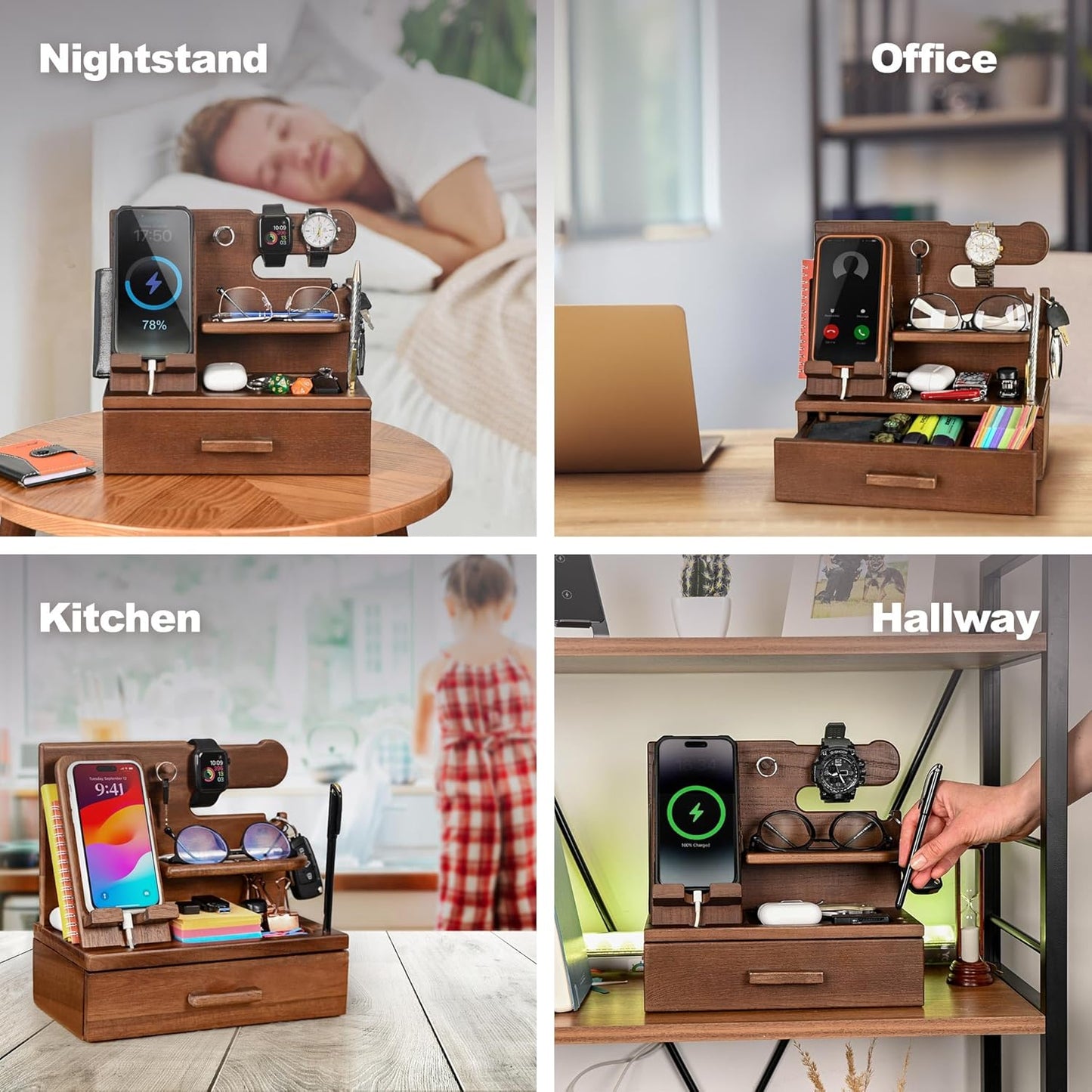 Wood Phone Docking Station with Drawer – Solid Ash Desk & Nightstand Organiser, Phone Charging Stand, Bedside Phone Holder, Valet Tray for Wallet Watch Keys Glasses, Men & Women Gift (Brown)