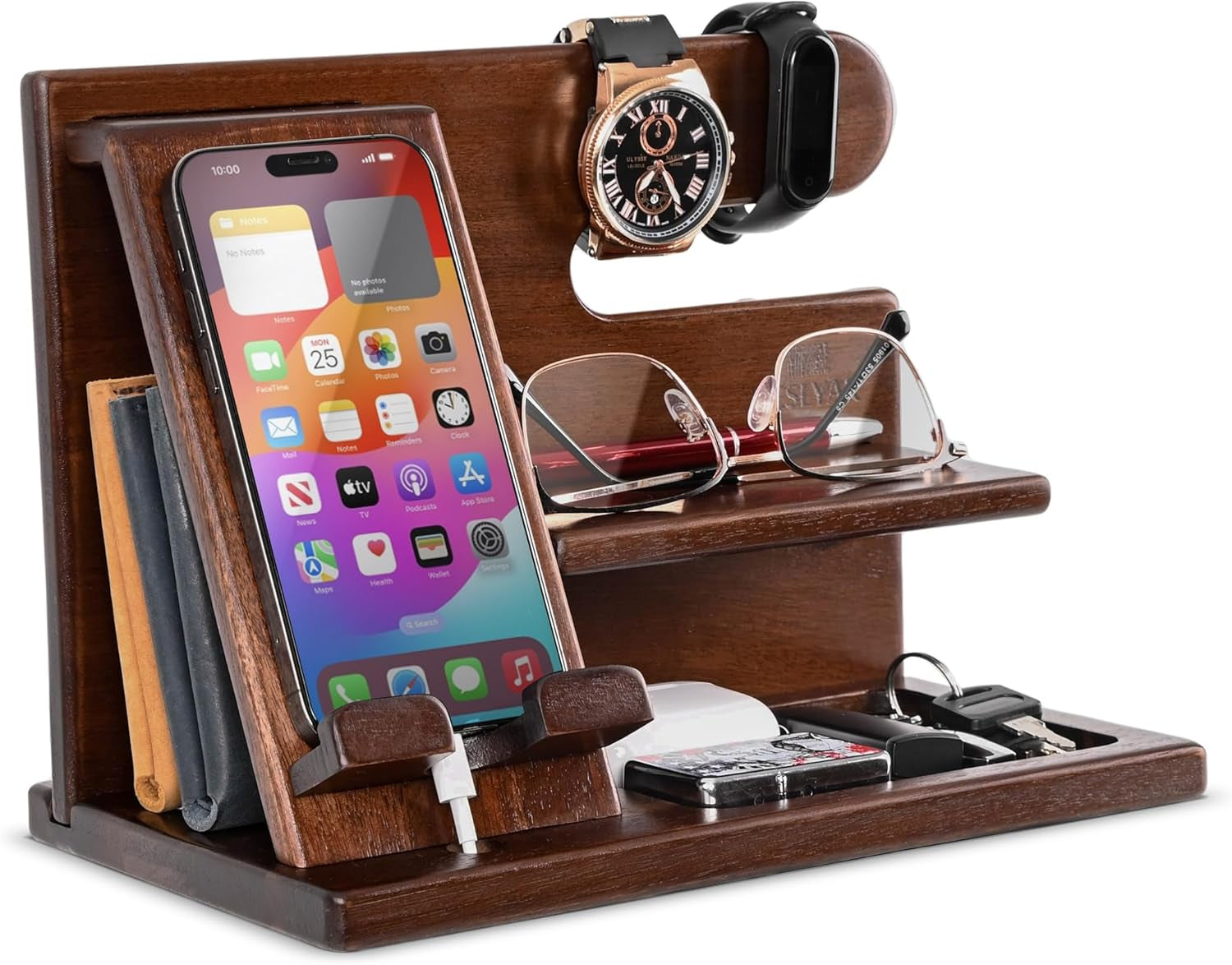 Dad Gifts Wood Phone Docking Station – Nightstand Organiser with Key Holder, Wallet & Watch Stand, Wooden Desk Organizer Phone Dock, Birthday Anniversary Husband Men Gifts (Brown)