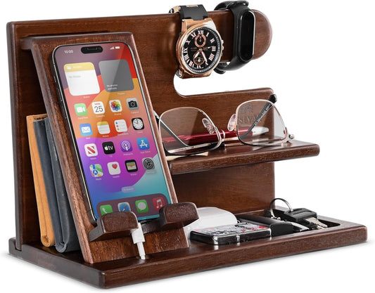 Dad Gifts Wood Phone Docking Station – Nightstand Organiser with Key Holder, Wallet & Watch Stand, Wooden Desk Organizer Phone Dock, Birthday Anniversary Husband Men Gifts (Brown)