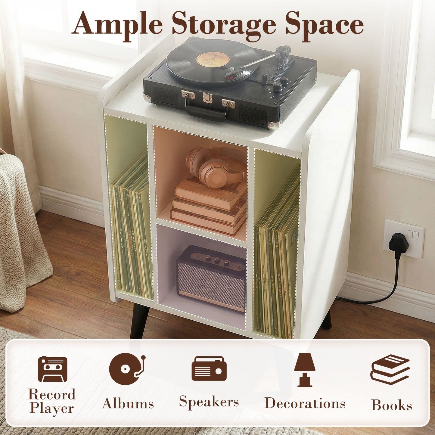 Record Player Stand with 4 Open Shelves Power Outlet USB Charging Port