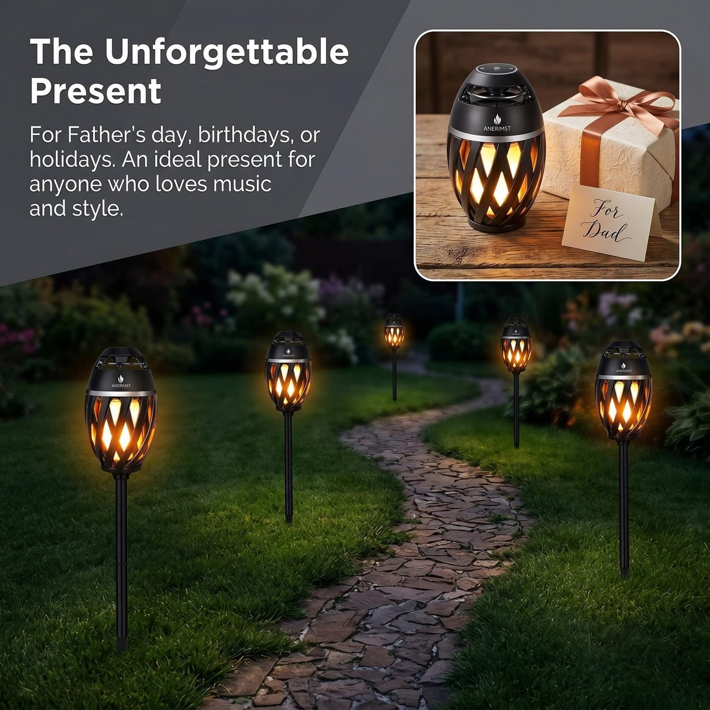 Outdoor Bluetooth Speakers, Waterproof Wireless Speakers with Torch Flame Light, Cool Gadgets for Men Women, LED Lantern for Gardening Camping Patio, 2 Pack (Black)