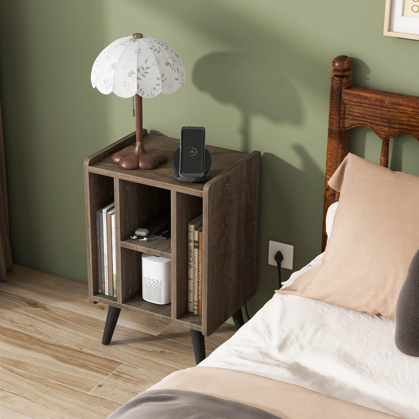 Record Player Stand with 4 Open Shelves Power Outlet USB Charging Port